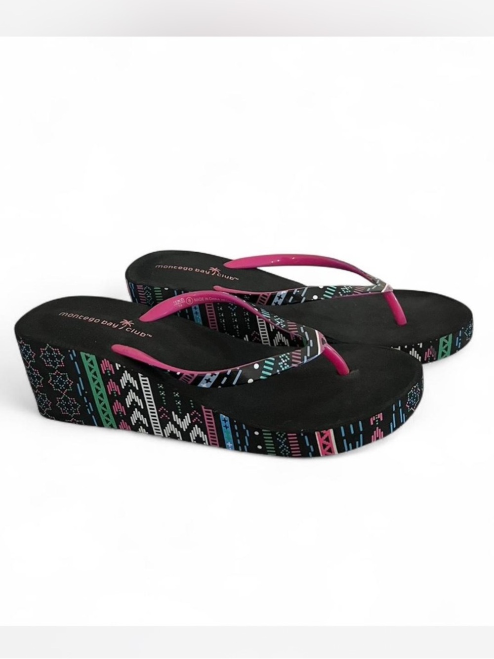 Black Platform Flip Flops with Pink Straps and print